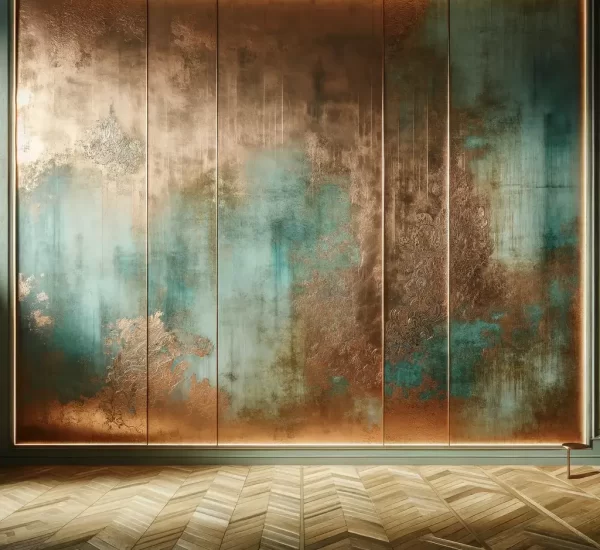 DALL·E 2024-03-15 12.45.05 - Design an elegant and sophisticated patina wall. The wall features a blend of turquoise and copper tones_ showcasing an aged yet refined appearance. T (1)